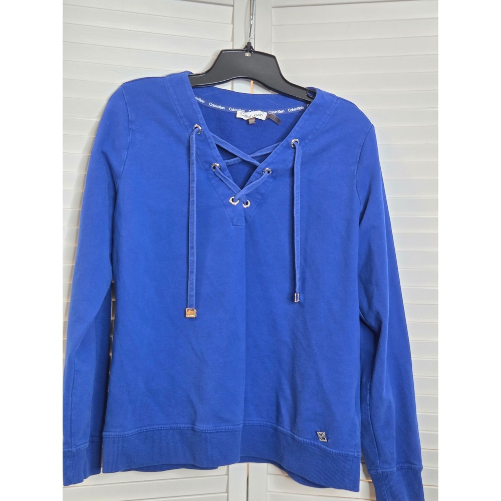Calvin Klein Lace Up V-Neck Sweatshirt Large Royal Blue Performance Pullover